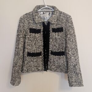 Debbie Shuchat Melanie Lyne Wool Blend Tweed Ruffle Jacket SZ 6 Old Money